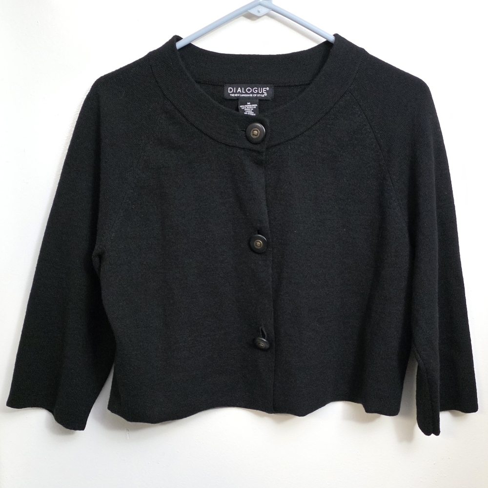 Dialogue Black Merino Wool Blend Button Knit Crop Cardigan Loose Fit 3/4 Sleeve